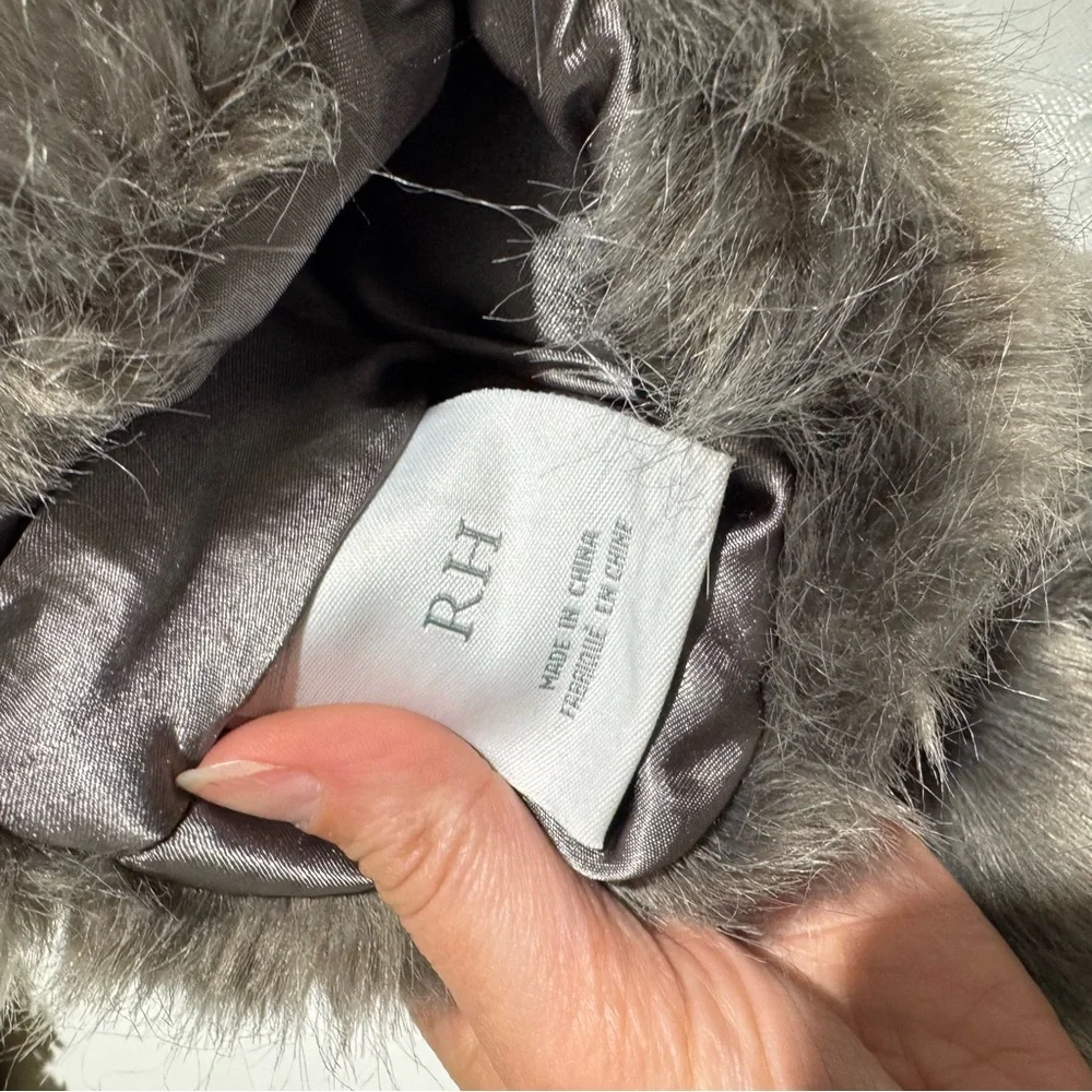 Restoration Hardware Gray Faux Fur Bag Leather‎ Tie Winter Fall Christmas Gift